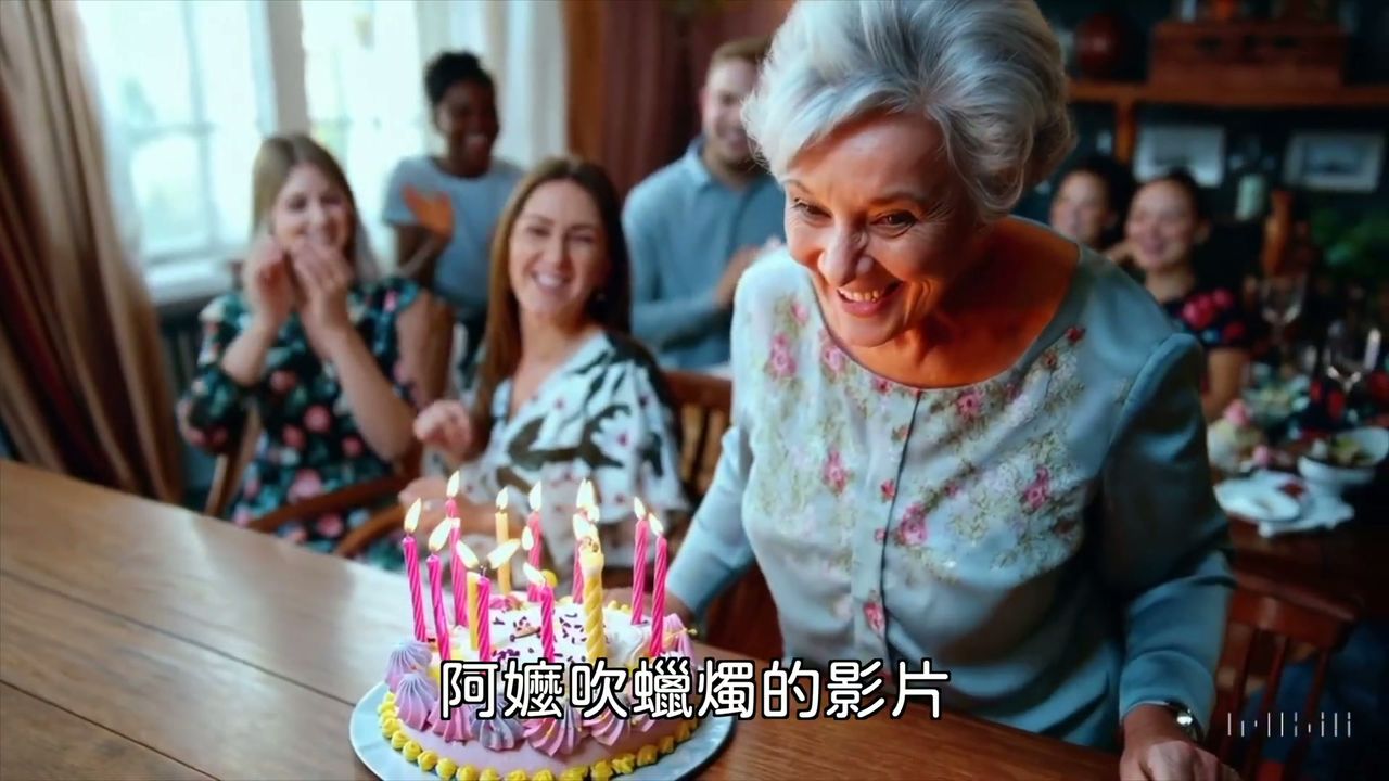 一位老奶奶吹生日蜡烛，手部姿势和眼神不自然
